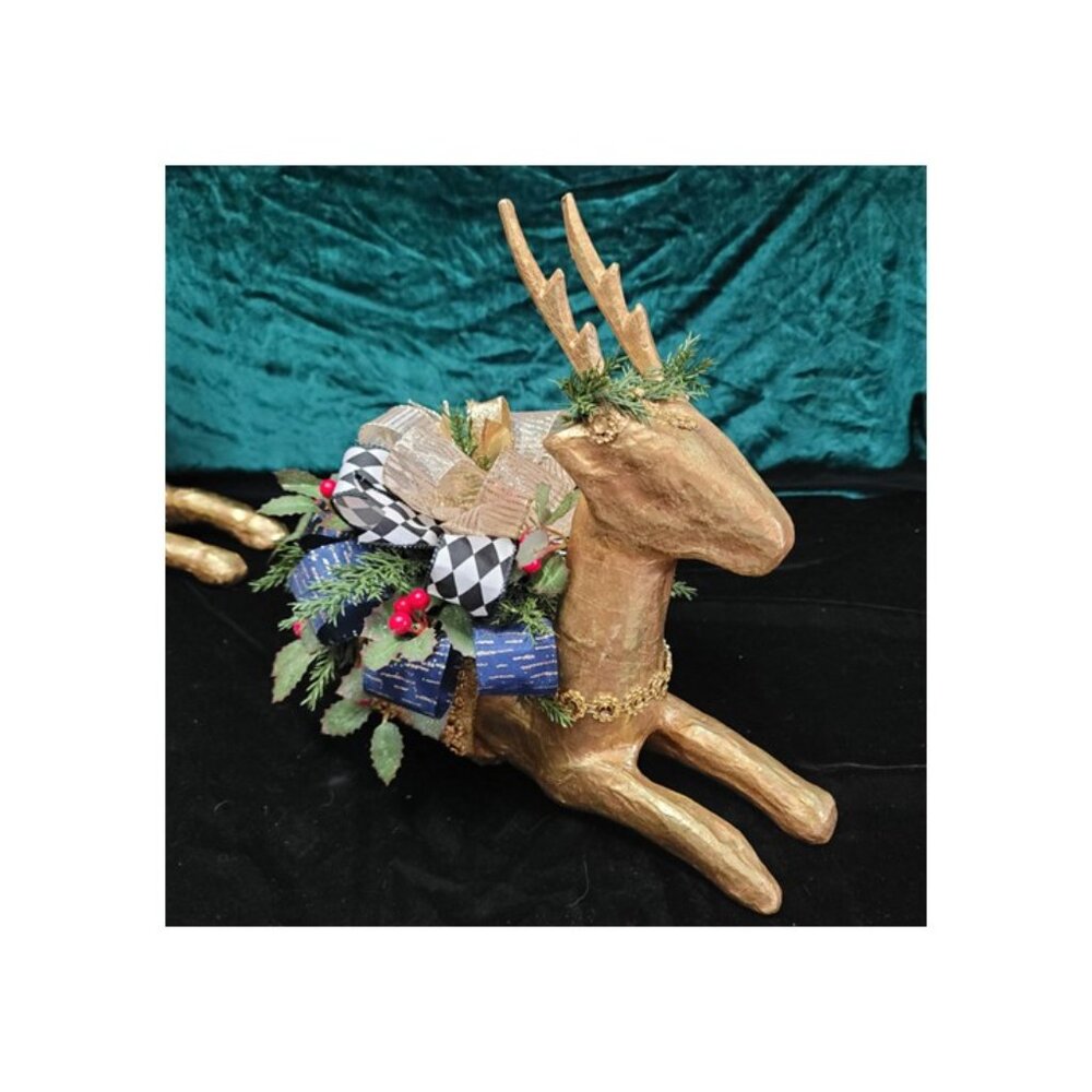 Holiday Christmas Paper Mache Deer Centerpiece, Rustic Glam BlueGold Arrangement